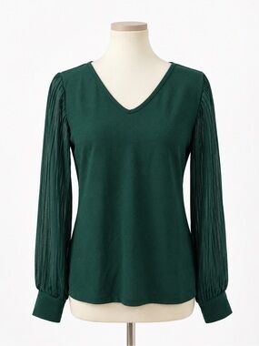 80 park  V-Neck Long Sleeve Pleated-Sleeve Top in Forest Green